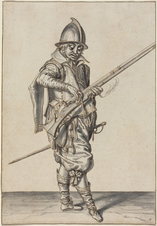 Elegantly Dressed Soldier Preparing to Fire His Caliver