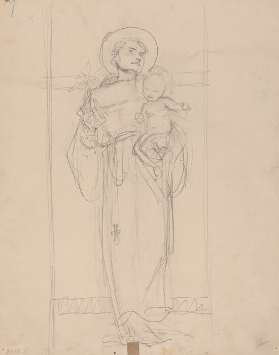 The image portrays a person holding a child. The adult is standing and turned towards the right with their head tilted slightly upwards. Both figures have halos above their heads. The adult is wearing a long robe and a cross around their waist, while holding a flowering branch in their left hand. The child is cradled in the adult's right arm, facing slightly forward and to the left. The background is a simple, vertical rectangular frame with minimal detail.
