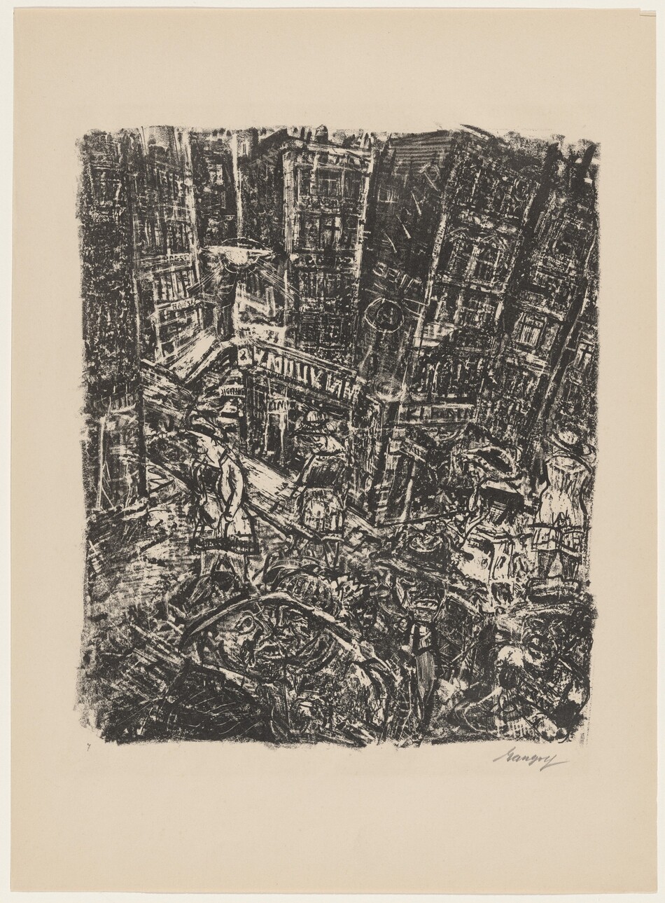 The image features jagged and overlapping lines forming a chaotic cityscape with buildings and streets in an abstract style. The shapes and lines create a sense of disarray, resembling urban elements like buildings and intersections. The dense network of black lines gives the impression of a crowded cityscape. The textured style conveys a dynamic environment observed abstractly.