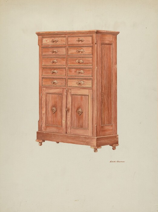 The image shows a large wooden cabinet with multiple small drawers on the upper half and two larger doors on the lower half. The color palette is predominantly warm tones of brown with a natural wood grain pattern. The cabinet is positioned centrally, with twelve small drawers in the top section arranged in three vertical columns of four drawers each, while the bottom section features two paneled doors, all adorned with decorative handles and carvings. The cabinet rests on short round feet.