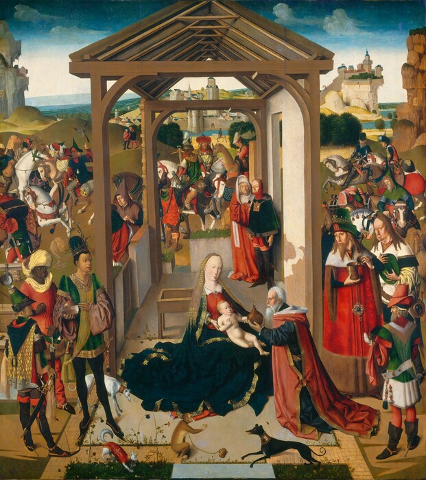 About two dozen people ride horses or stand near a woman, Mary, holding a nude baby, Jesus in a landscape in this vertical painting. The people wear robes or tunics in shades of emerald green, ruby red, butter yellow, celestial blue, and ivory white. Jesus sits on Mary’s lap in the lower center of the composition, just in front of a tall structure with open walls and a pitched roof. A rectangular trough on legs is just behind Mary. Both Mary and Jesus have pale skin, blond hair, and long faces with flat features. A translucent veil covers Mary’s hair, which falls past her shoulders. Her red dress has a white collar and cuffs, and a midnight-blue cloak falls from her shoulders, across her lap, and puddles in thick folds on the ground. The cloak is edged in gold and jewels. One hand props up Jesus’s shoulder and the other wraps around his other forearm. Jesus faces and looks at a kneeling, pale-skinned man to our right who holds out a bronze-colored vessel with both hands. The kneeling man has a white beard and hair, and wears a gold-trimmed, hooded red cloak over a navy-blue robe. To our right, in the lower corner, three men stand and look toward Mary and Jesus. One wears a gold crown nestled into a tall green hat, a fur-lined red cloak, and a jeweled pendant. He holds the hinged lid of a gold cup open. The man next to him holds a green hat against his chest, and the third, smaller in scale, stands with his back to us. That man also holds a crowned hat, presumably of the kneeling man. Three more men up along the right edge of the composition ride horses and a fourth holds a chest across one shoulder. All of the people on this side have pale skin. Four more people ride horses, a camel, or stand at the back of the structure. Two of these men have dark brown skin, and one of those has exageratedly large red lips. The other two men are pale-skinned, and all four wear unusually shaped conical hats or turbans. Two pale-skinned men wearing brown or black and white monks’ robes face each other next to the half wall to our left. Three people stand in the lower left corner, closer to us. A person at the front of the group has light brown skin and wears a gold and jeweled crown around a column of black hair. The shimmering green tunic is edged with gold and jewels, and that person holds a gold and crystal orb in one hand. A person with dark brown skin wears a white turban, red robe, and gold rings and earrings stands behind, and the third person has light brown skin and stands with his back to us, looking at Mary and Jesus. These three people also have oversized red lips and bulbous noses. Behind this trio, up along the left edge of the composition, five pale- and brown-skinned people ride or move between five horses and one camel. Two more pale-skinned people stand inside the structure to our right, at that back corner. One has a white beard and hair partially covered by a fur-lined, hooded red robe. The other wears a waist-length, green velvet cape over red stockings and high boots. A square gold and jeweled panel hangs on a chain around his neck and a sword hangs at his side. Several monkeys and three thin dogs are scattered around the scene. Two dogs wear wide, jeweled collars and one wears a red and gold jacket. The monkeys have chains around their necks or waists. One monkey, close to us, has a gold up at the other end of the chain. People walk along a path across the landscape, beyond the structure. Olive-green and ochre-yellow hills roll back to a body of water with a town on the far shore in the background. The horizon comes three-quarters of the way up the composition, and a few wispy white clouds skirt across the ultramarine-blue sky above.