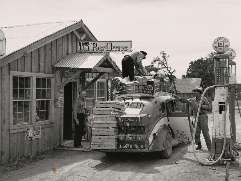The stage which daily brings in mail, freight, express and passengers to Pie Town, New Mexico 
