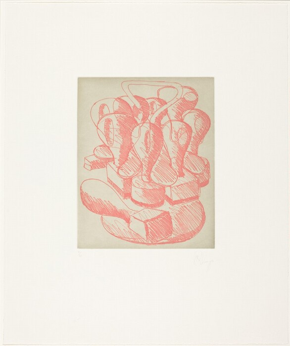 The image shows intertwining, curvilinear shapes with hatching and looping lines interlacing with block-like formations. The abstract piece creates the impression of intricate knots or ribbons amid a backdrop of cuboid forms. The shapes resemble coils of ribbons or curling tendrils of plants, while the rectangular elements suggest scattered building blocks, forming a woven appearance.