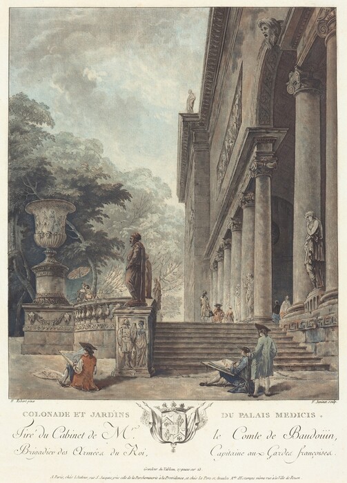 The image shows a grand staircase and columns of a building, viewed from a low angle. The horizon is not visible, with the focus on the architectural elements and the sky. The sky and trees in the background provide the backdrop. The architectural details, such as carvings on an urn and building façade, are depicted with a precise, linear technique. The color palette includes earth tones, light blues, and greys. In the foreground, an artist sketches on the ground, with period-dressed observers nearby. Columns of the building and sculptures lead the eye upwards to the sky with clouds.