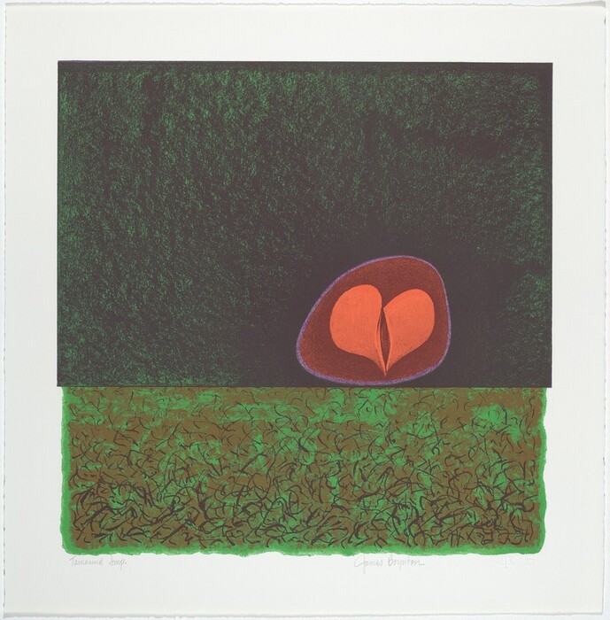 This is a painting of an abstract composition with a red pod-like shape against a dark green and brown background. The red shape resembles a stylized seed or pod, centrally placed within the upper part of the artwork. It has two symmetrical halves and is outlined by subtle purple shading. The background is split into two sections; the top section is a deep green with a textured appearance and the bottom section is a lighter green and brown area filled with swirling, abstracted forms. The overall composition suggests themes of nature and growth, rendered in an abstract style.