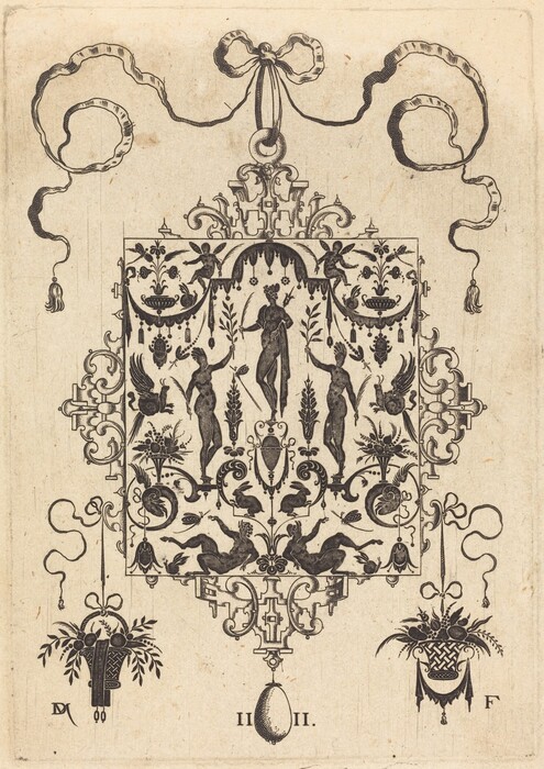 This is a drawing of an intricate symmetrical design. The full-description depicts a highly detailed ornamental composition centered around a rectangular frame filled with depictions of mythological figures and decorative motifs. At the top, a ribbon with tassels elegantly drapes above the frame. Within the frame, at the top center, a figure is depicted standing, surrounded by ornamental foliage and decorative flourishes. Flanking this central figure, smaller figures are positioned symmetrically, adding to the harmonious balance of the design. Various elements such as blooms, urns, and swirling vines create a sense of abundance and elaboration. The piece is a celebration of classical ornamentation, reflecting a style that is meticulous in its detailing and harmonious in its layout.