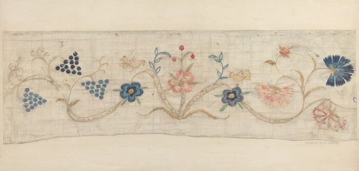 This is a drawing of an embroidered floral and nature pattern. The artwork features a horizontal arrangement of various flora and fauna, including colorful flowers, stylized leaves, clusters of grapes, and small birds, all delicately embroidered on a fabric surface.
