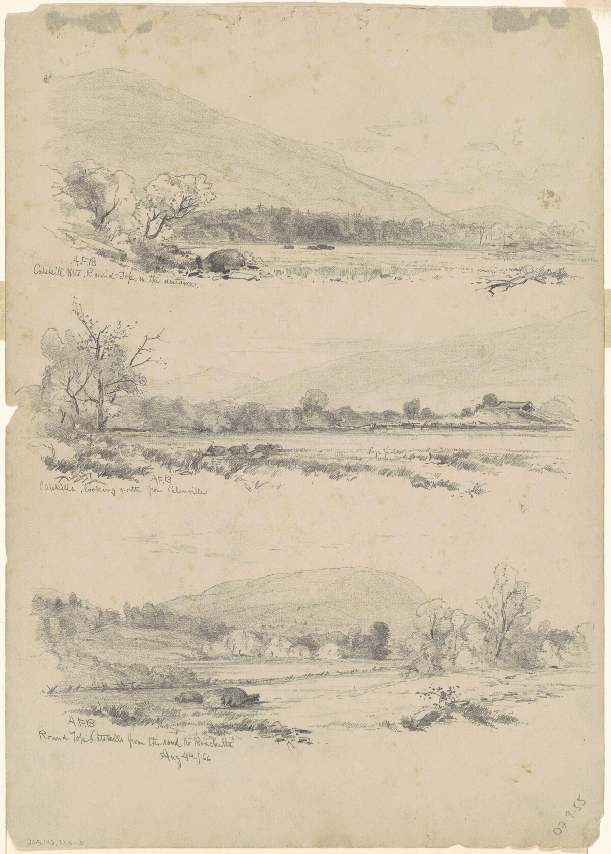 Catskill Mountains, Round-Top in the Distance; Catskills Looking North from Palenville; and Round Top, Catskills, from the Road to Bracketts [verso]