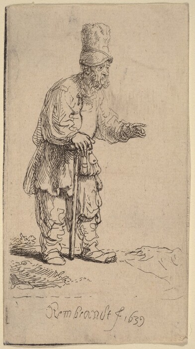 The image shows an elderly man standing with a walking stick, gesturing with his right hand. He has distinctive facial features, long hair, and a beard. He wears layered clothing, including a hat and a pouch hanging from his waist. The background is minimal, with details suggesting the ground and some flora in the corner. The painting is signed "Rembrandt 1639."