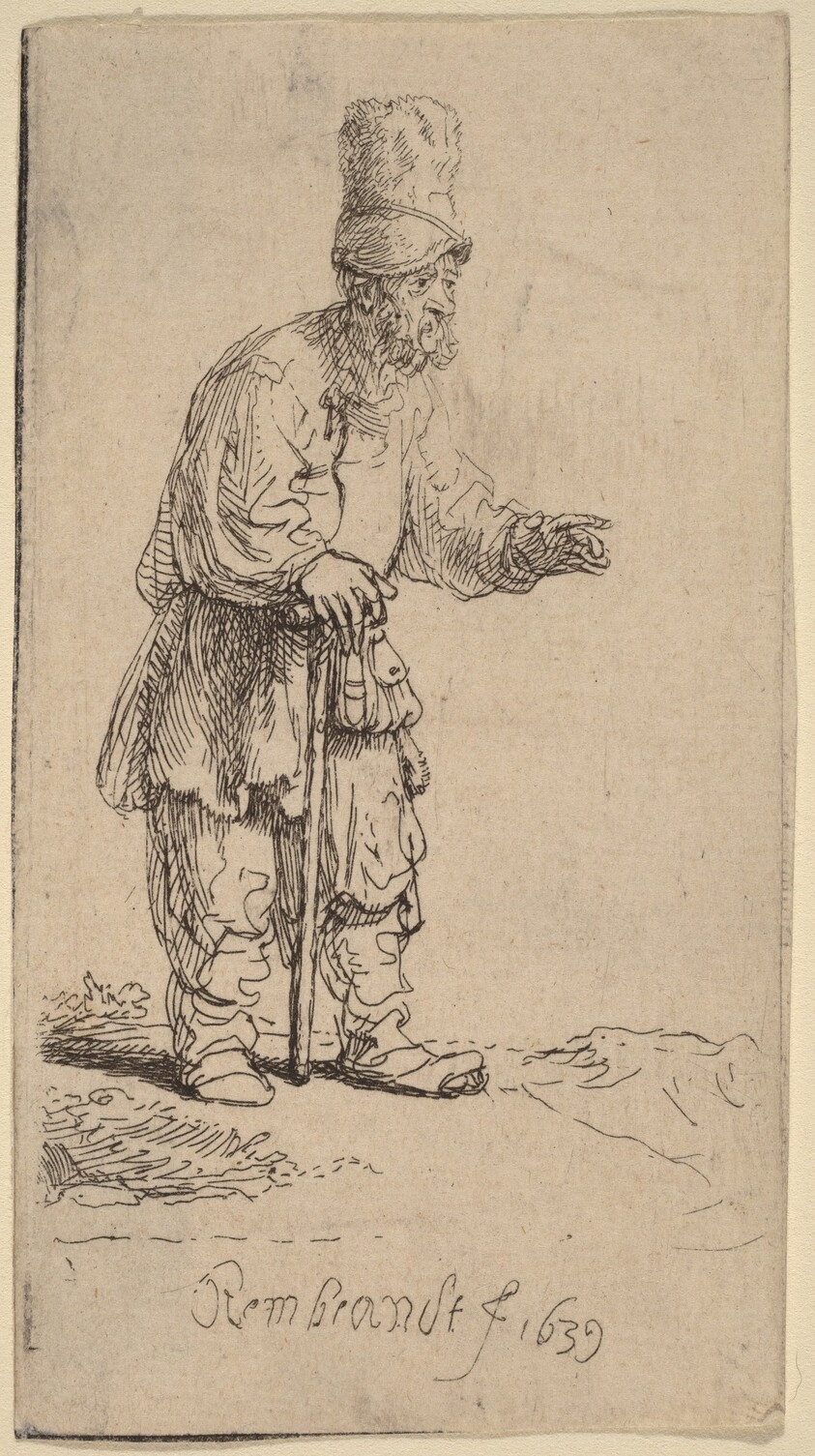 A Peasant in a High Cap, Standing Leaning on a Stick
