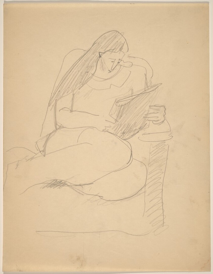 Woman Curled Up in Chair, Reading