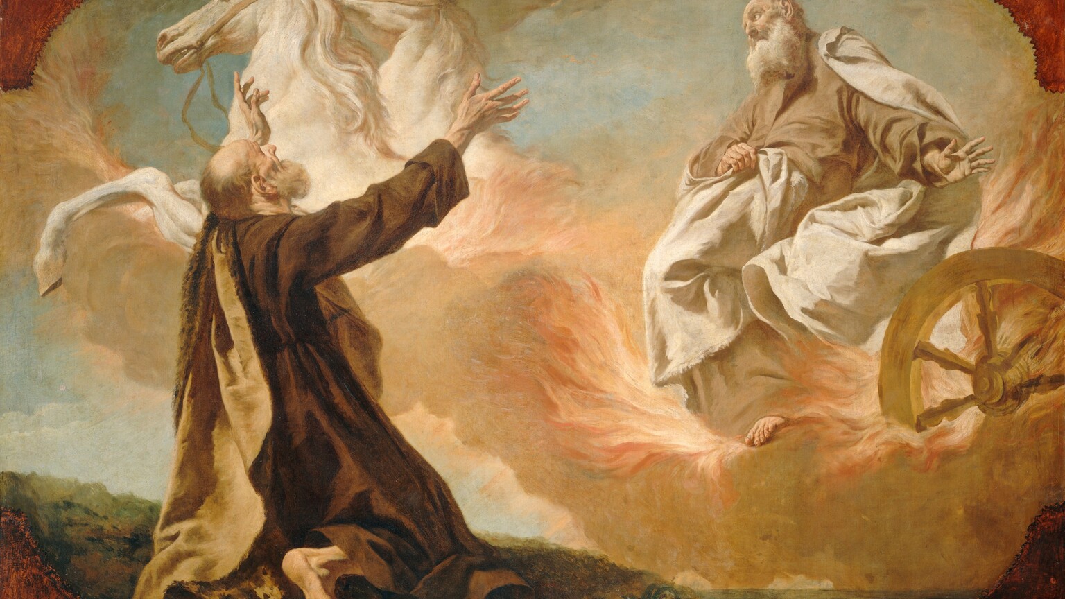 An elderly man kneels and leans back with his arms spread wide as he gazes up at another older man sitting in a chariot made of flames and pulled by white horses, which are held aloft by fawn-brown, puffy clouds, in this horizontal painting. Both men have pale skin and are partially bald with full beards. To our left, the kneeling man is mostly turned away from us, so we see the back of his ash-blond hair, a deeply furrowed brow, and a hooked nose. His head tips back and his mouth hangs open. He wears a long, mahogany-brown robe with a flax-yellow mantle draped over his left shoulder. One bare foot emerges from under the hem of the robe so we see the bottom of his foot, and his toes dig into the rock on which he kneels. The rock is painted with strokes of amber brown and sage, olive, and pine green, and it slopes down to a blue-green sea in the lower right corner of the painting. The man in the chariot, Elijah, is positioned across from the first man, to our right. With his body facing the kneeling man, Elijah turns his head to look up to the light streaming in from the upper left corner. Elijah’s right hand, on our left, grasps the white mantle wrapped around his tan robe, while the other hand extends to our right with fingers spread wide. A gold, spoked chariot wheel sits below that hand, facing us. Pale coral-peach flames curl around the wheel and flicker around Elijah’s legs. The flames continue to our left, blending into the bodies of the two muscular, white horses who climb the bank of sand-colored clouds that support the entire chariot. Each corner of the canvas has an inward curving, burnt-orange form, like mounting corners holding a photograph in an album.