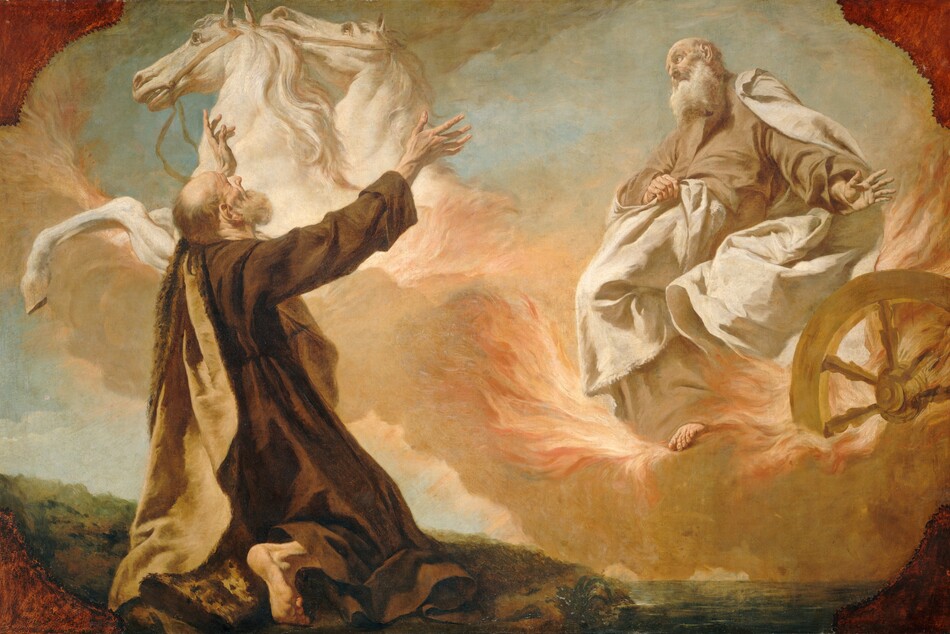 An elderly man kneels and leans back with his arms spread wide as he gazes up at another older man sitting in a chariot made of flames and pulled by white horses, which are held aloft by fawn-brown, puffy clouds, in this horizontal painting. Both men have pale skin and are partially bald with full beards. To our left, the kneeling man is mostly turned away from us, so we see the back of his ash-blond hair, a deeply furrowed brow, and a hooked nose. His head tips back and his mouth hangs open. He wears a long, mahogany-brown robe with a flax-yellow mantle draped over his left shoulder. One bare foot emerges from under the hem of the robe so we see the bottom of his foot, and his toes dig into the rock on which he kneels. The rock is painted with strokes of amber brown and sage, olive, and pine green, and it slopes down to a blue-green sea in the lower right corner of the painting. The man in the chariot, Elijah, is positioned across from the first man, to our right. With his body facing the kneeling man, Elijah turns his head to look up to the light streaming in from the upper left corner. Elijah’s right hand, on our left, grasps the white mantle wrapped around his tan robe, while the other hand extends to our right with fingers spread wide. A gold, spoked chariot wheel sits below that hand, facing us. Pale coral-peach flames curl around the wheel and flicker around Elijah’s legs. The flames continue to our left, blending into the bodies of the two muscular, white horses who climb the bank of sand-colored clouds that support the entire chariot. Each corner of the canvas has an inward curving, burnt-orange form, like mounting corners holding a photograph in an album.