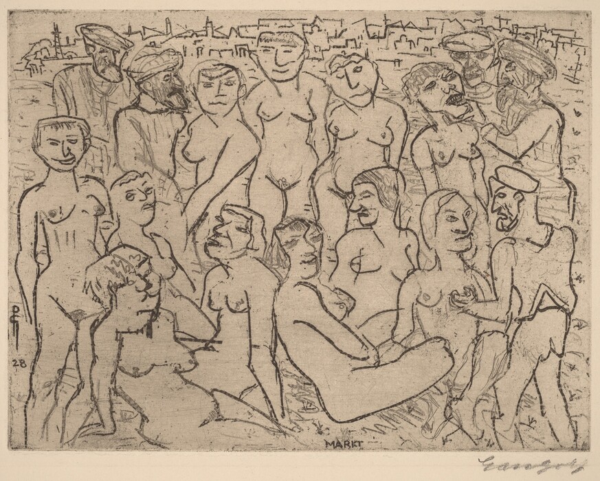 This is a drawing of abstract human figures in different poses. The lines are bold and expressive with a cartoonish effect. The figures have exaggerated facial features and simple outlines. The background shows a minimal urban landscape. The image has a raw, sketch-like quality.