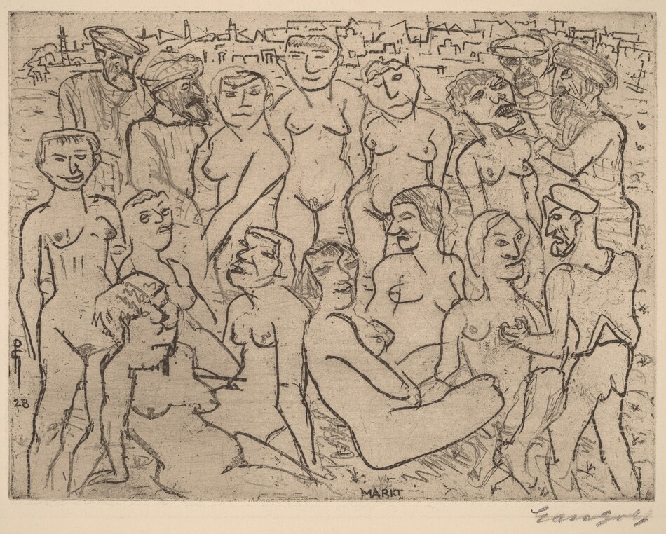 This is a drawing of abstract human figures in different poses. The lines are bold and expressive with a cartoonish effect. The figures have exaggerated facial features and simple outlines. The background shows a minimal urban landscape. The image has a raw, sketch-like quality.