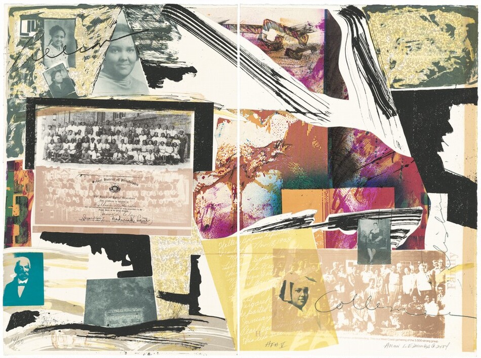 The image contains a variety of curved and straight lines, along with scattered shapes, creating an abstract collage. It includes photographs of people, including portraits and group images, reminiscent of school or family photographs. Black and white photos are mixed with colorful paint patches and textured patterns, creating a scrapbook-like feel. Handwritten notes and artistic brush strokes are integrated into the composition, adding complexity. The abstract layout prompts viewers to connect familiar elements with personal or collective histories.