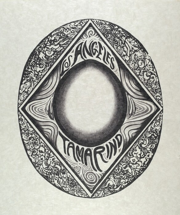 The image showcases an abstract composition with an oval enclosing a diamond at its center. Intricate swirling lines and patterns fill the oval, creating a sense of motion and depth. The diamond contains a central circular element with gradient shading. The words "Los Angeles" and "Tamarind" are integrated within the design. The outer sections of the oval feature dense, chaotic patterns.