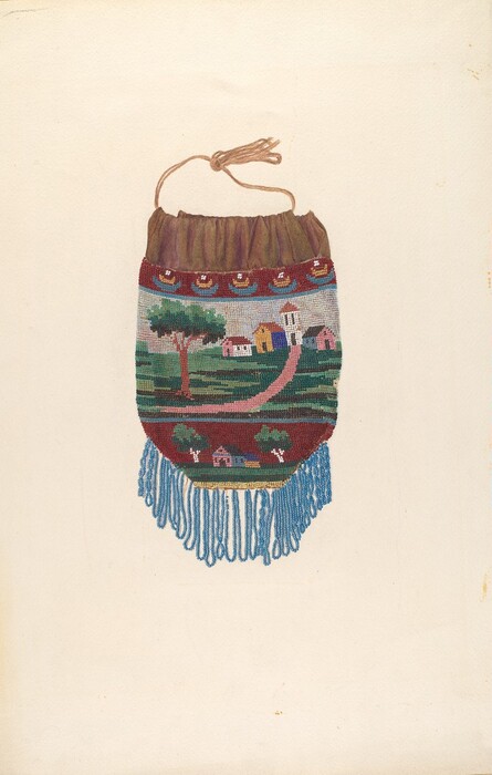This is a painting of a drawstring pouch with a landscape scene. The pouch features a rural setting with a winding path leading through greenery towards small houses with red roofs, surrounded by trees and hills. A large tree stands near the center. The top section of the pouch has a decorative pattern, while the bottom is fringed with blue strands. The drawstring is an earthy cord. The style resembles folk or naive art, known for its simplistic forms and vibrant colors.