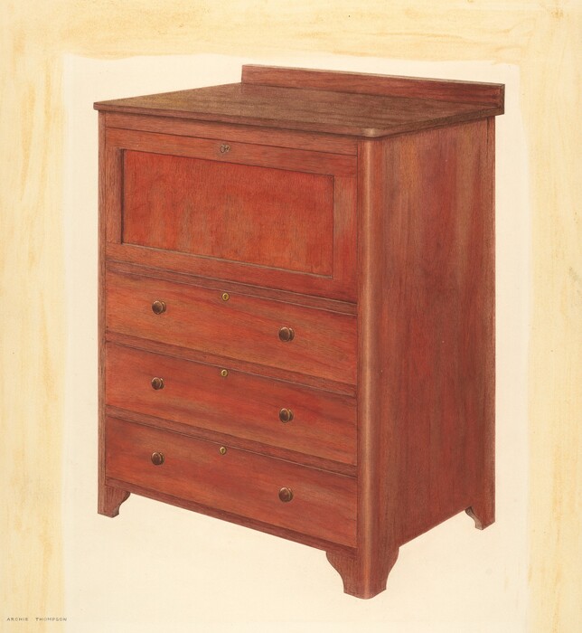 The image shows a wooden chest of drawers against a plain background. The chest is predominantly reddish-brown with darker brown accents on the legs and edges. It has several handles and knobs on the drawers. The background is off-white.
