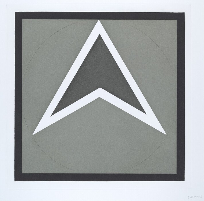 The image shows a large, abstract chevron shape formed by two white lines in a V pattern on a gray background with circular arcs in the corners. The design is enclosed within a black border square.