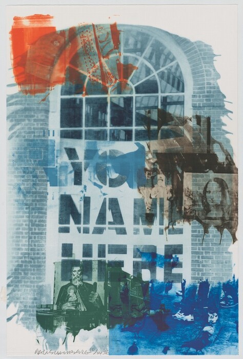 The image displays various lines and shapes, including a semi-circular structure with grid patterns resembling windows. The abstract composition combines text, layered images, and colors, creating a complex visual effect. Included are brick textures, a classical bust, and partial faces, along with a mix of blue, red, and brown tones.