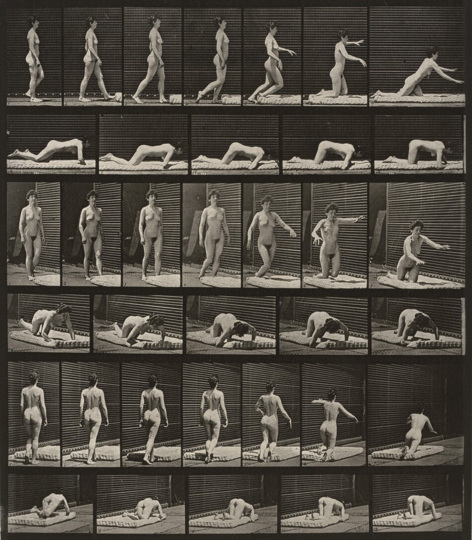 This is a photograph of sequences of motion. The image is composed of multiple frames arranged in a grid, depicting a series of movements across various phases. 

In each sequential frame, a figure is positioned against a backdrop of vertical lines, moving in a fluid motion. The scenes appear to capture distinct dynamic poses, showcasing a flow of kinetic intent and motion studies. The photographic series aims to dissect and analyze the nuances of motion, capturing precise moments in a fluid act. The consistent background and the patterned floor contribute to a sense of systematic observation, enabling a detailed examination of physical movement progression. Each sequence reveals a different aspect of locomotion and gesture, suggesting a methodical study of human movement.