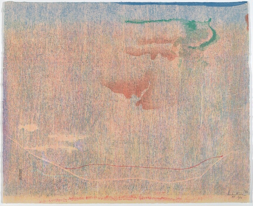 The image features soft, horizontal lines and shapes that bleed into one another, creating an abstract scenery. Green lines sweep across the top, with a splotch of warm orange. A red line curves gently across the lower third. The background is a tapestry of blended pastel hues.