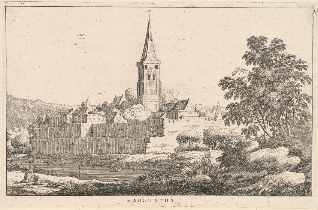 This image depicts a landscape with a village visible in the distance. A church tower with a cross stands out on the horizon. The art style is detailed with fine lines in a monochromatic color scheme dominated by various shades of black. The scene includes a river, a figure by the bank, village structures, trees, and hills in the background.