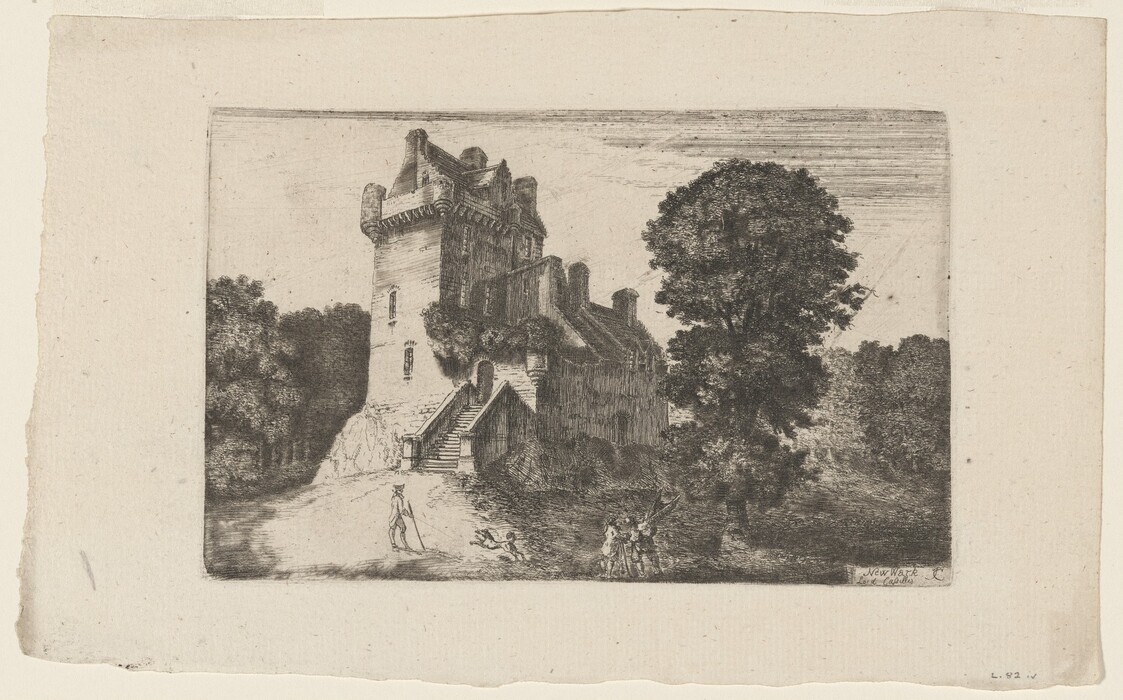 The image displays a historic stone structure with turrets and rectangular windows, surrounded by trees. The detailed etching style emphasizes textures in the castle and foliage. The color palette is monochromatic, using black and white for contrast. A group of figures is on the path towards the structure. Trees frame the castle, and the sky has a light texture.