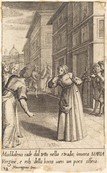 This is a drawing of a scene set on a cobblestone street lined with tall buildings. The drawing illustrates multiple figures interacting, with a central figure gesturing animatedly. She appears to be in distress or surprise, holding a hand to her mouth. Other figures are engaged with each other or looking towards a disturbance. The detailed architecture in the background suggests a cityscape with Italian-inspired design. The drawing uses fine line work to create texture, typical of engravings. A text below the image seems to describe the scene.