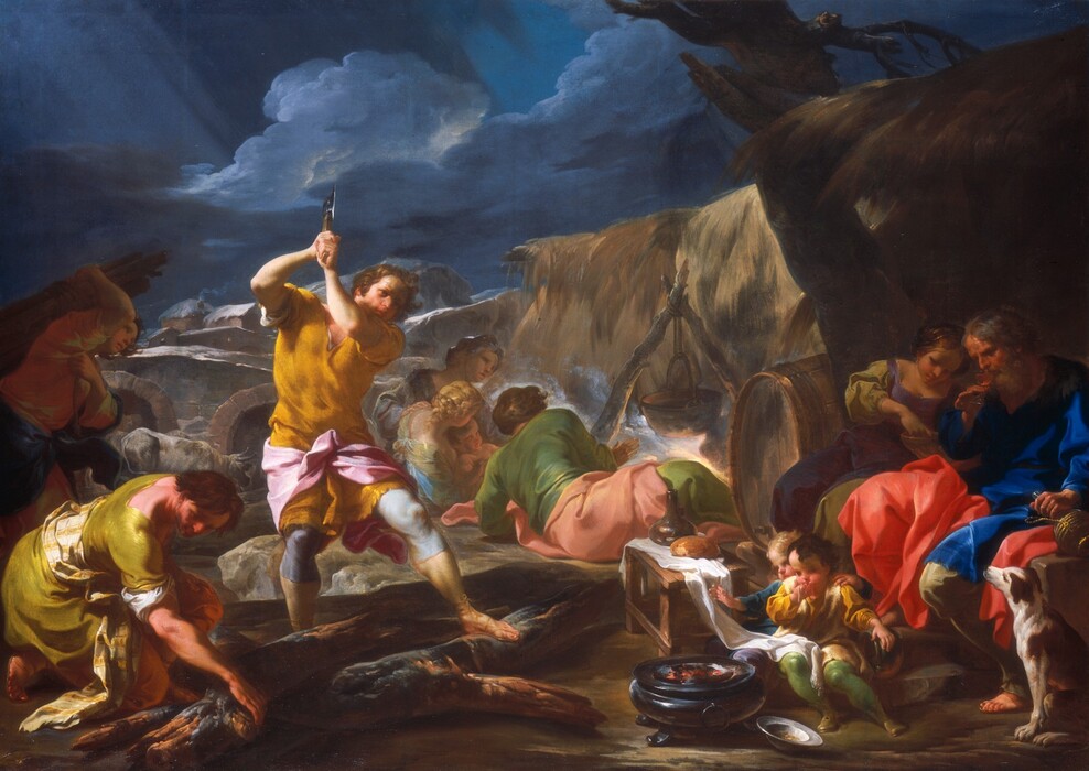 Eight men and women, two children, and a baby sit or toil in a barren landscape under a thick blanket of clouds in this horizontal painting. The people all have pale, peachy skin, and they wear tunics and robes in shades of golden yellow, salmon or rose pink, crimson red, lapis blue, and honeydew or laurel green. A man to our left of center raises an ax high over one shoulder as he braces a sandaled foot on a fallen tree trunk. Another person squats and holds another thick log nearby, in the lower left corner of the painting. A third person reaches up to brace a bundle of logs, which are bound with a rope, across his back. A bit behind this group, at the center of the composition, two women, a man, and a baby huddle on the ground around a fire. Logs are tied to create a frame from which a big-bellied pot hangs. Closer to us and to our right, a bearded man, woman, and two children sit in the shelter of a rocky overhang. The man sips wine from a glass as he holds the bottle with his other hand. The woman holds a bowl, and the children sit in front of a pot with glowing embers. One child puts food in their mouth, and the other holds a hand up over the heat. A loaf of bread and a jug sit on a white cloth on a bench nearby. Two cows or steers stand near the arched opening of a bridge to our left, and dark blue clouds press down on snow-covered huts in the distance.