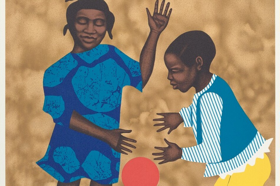 A boy and a girl playing with a ball.