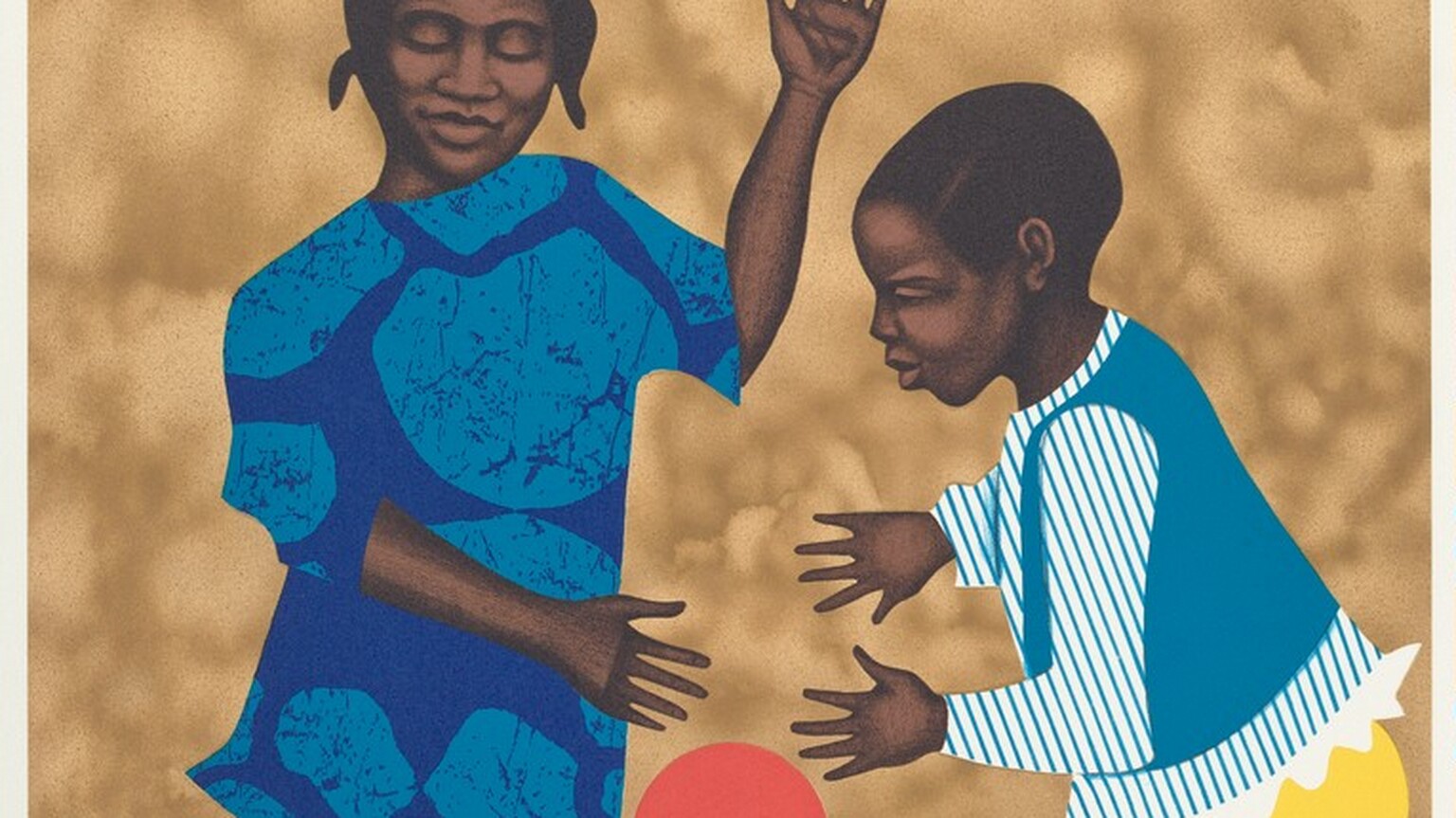 A boy and a girl playing with a ball.