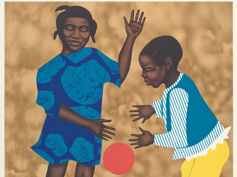 A boy and a girl playing with a ball.