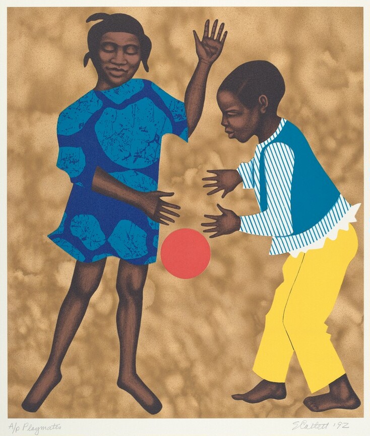 A boy and a girl playing with a ball.