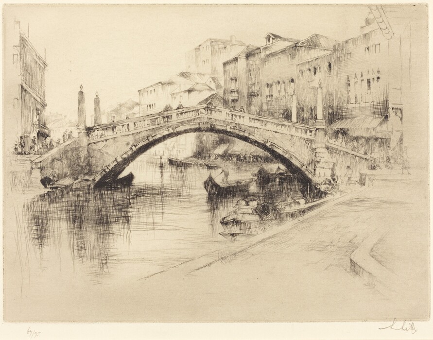 The image shows a stone bridge over a calm canal. Buildings of various heights line the canal, leading into the distance. Delicate brushstrokes depict the details of the buildings and water. The color scheme is sepia, creating a warm atmosphere. Gondolas are docked by the canal banks, and figures are seen on the bridge and the path beside the water. The background features urban buildings with ornate facades and windows.