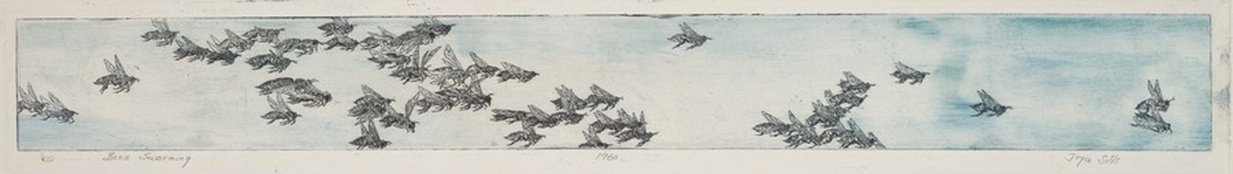 This is a drawing of a swarm of bees in flight. The artwork shows numerous bees depicted in fine detail across a rectangular strip. The background is light blue, suggesting the sky, with variations creating depth. The bees are grouped in clusters, conveying movement and swarming behavior. Each bee's wings and body are rendered with precision as they navigate through the space around them.
