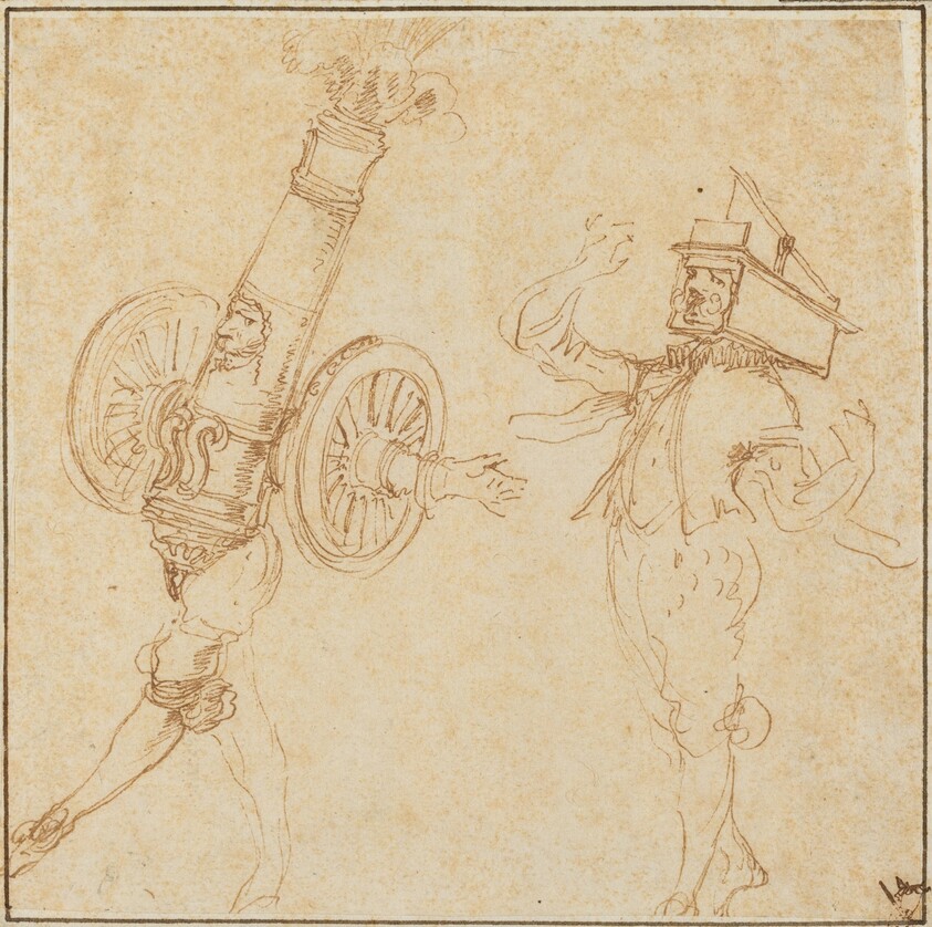 Two Men in Masquerade Costumes: A Cannon Firing and a Cat Inside a Mousetrap