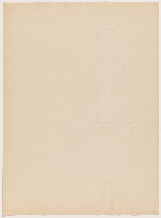 This is a drawing of a lightly embossed design on paper. The drawing features an intricate, faintly embossed rectangular design towards the right side of the paper depicting a figure standing in a landscape setting. The lines and shading create a gentle, ethereal quality, making the design stand out against the blank surrounding area.