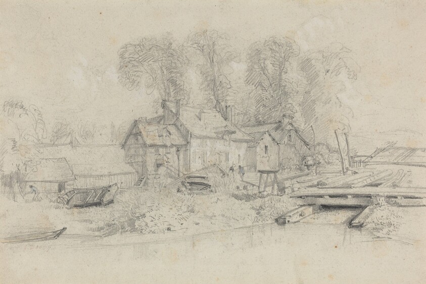 River Landscape with Buildings, Boats, and Figures