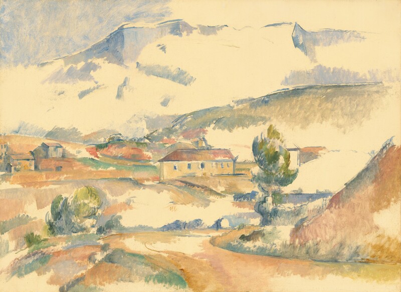 A few pale brown buildings with terracotta red roofs are nestled among hills at the base of a towering, icy-blue mountain in this horizontal landscape painting. Only the pale indigo-violet shadows of the mountain are laid in, leaving the rest as the white of the canvas. The buildings and muted brown hills, blue shadows, and touches of sage green below are loosely painted with visible brushstrokes throughout around more blank areas of canvas.