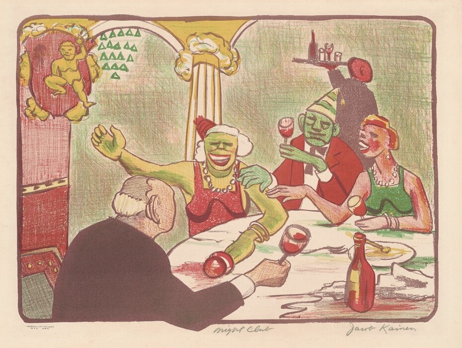 This image depicts a group of people at a table in a lively and colorful social setting. The figures have vibrant colors and playful expressions. One figure has an outstretched arm holding a drink. The table has wine glasses, a bottle, and food remnants. In the background, a server is carrying a tray. The scene is framed with decorative elements, including a cherubic figure in the upper left corner. The style is similar to Jack Levine, with strong outlines and caricature-like figures.