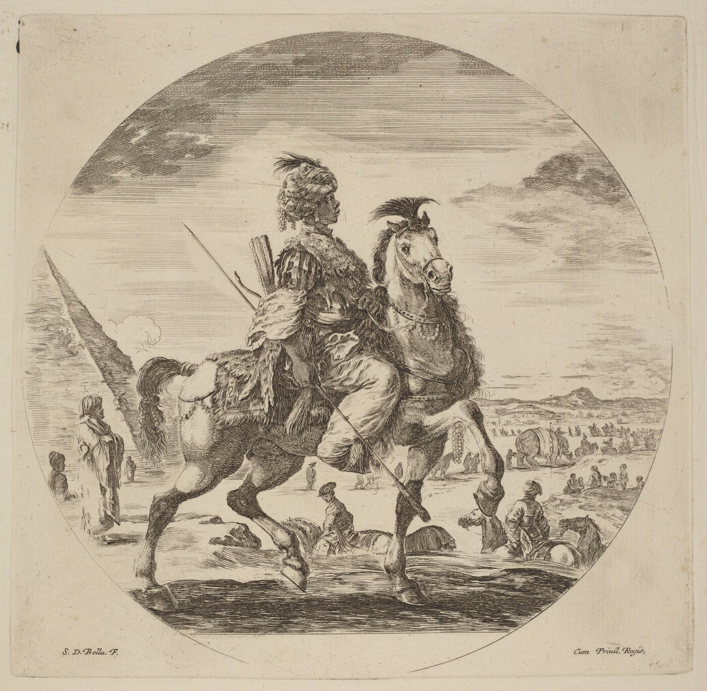 The image shows a person riding a horse. The person holds a spear and looks to the left. They wear a turban with a feather, a fur-trimmed cloak, patterned garments, and a belt with attached items. The horse is in mid-step, with a bridle and a feather in its mane. The background features multiple figures on horseback and foot, a caravan of wagons, and a large tent-like structure under a cloudy sky.
