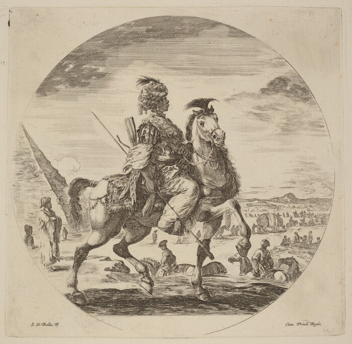 The image shows a person riding a horse. The person holds a spear and looks to the left. They wear a turban with a feather, a fur-trimmed cloak, patterned garments, and a belt with attached items. The horse is in mid-step, with a bridle and a feather in its mane. The background features multiple figures on horseback and foot, a caravan of wagons, and a large tent-like structure under a cloudy sky.