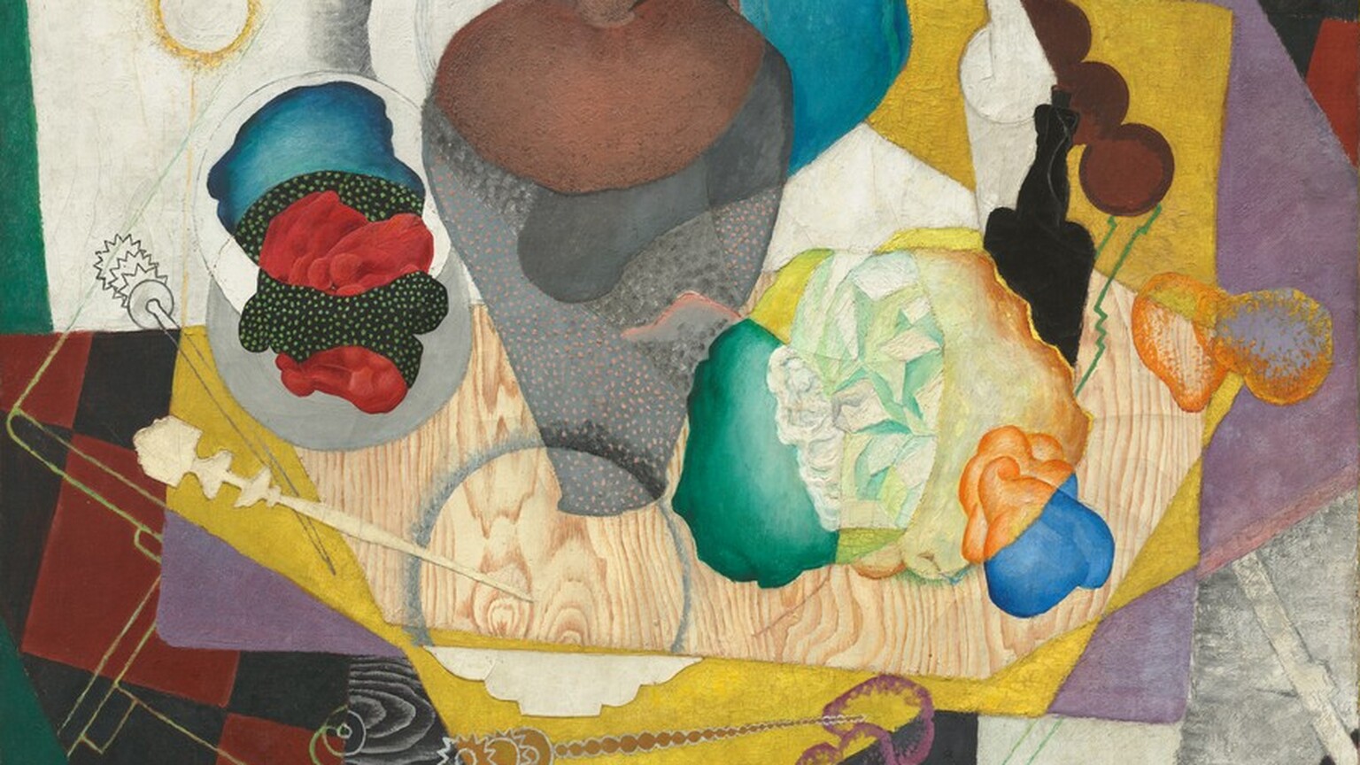 An abstracted jug, bottles, shapes reminiscent of balled up paper or fabric, and a needle-like letter opener are gathered on a wood square in this horizontal still life painting. Rectangles in shades of corn yellow, violet purple, burgundy red-and-black checks, white, black, and spruce green splay out behind the objects like untidily stacked placemats. The brown jug is at the center, and an echo of its form in teal blue presumably represents a shadow. Portions of the jug, wooden board, and crumpled material shift color and pattern as they intersect or overlap with other areas. The artist’s initials, “DMR,” are stenciled in yellow in the lower left corner.