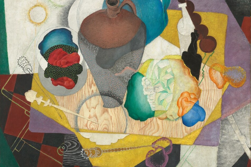 An abstracted jug, bottles, shapes reminiscent of balled up paper or fabric, and a needle-like letter opener are gathered on a wood square in this horizontal still life painting. Rectangles in shades of corn yellow, violet purple, burgundy red-and-black checks, white, black, and spruce green splay out behind the objects like untidily stacked placemats. The brown jug is at the center, and an echo of its form in teal blue presumably represents a shadow. Portions of the jug, wooden board, and crumpled material shift color and pattern as they intersect or overlap with other areas. The artist’s initials, “DMR,” are stenciled in yellow in the lower left corner.