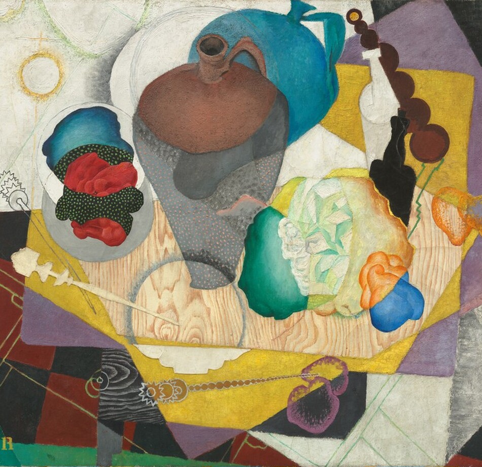 An abstracted jug, bottles, shapes reminiscent of balled up paper or fabric, and a needle-like letter opener are gathered on a wood square in this horizontal still life painting. Rectangles in shades of corn yellow, violet purple, burgundy red-and-black checks, white, black, and spruce green splay out behind the objects like untidily stacked placemats. The brown jug is at the center, and an echo of its form in teal blue presumably represents a shadow. Portions of the jug, wooden board, and crumpled material shift color and pattern as they intersect or overlap with other areas. The artist’s initials, “DMR,” are stenciled in yellow in the lower left corner.