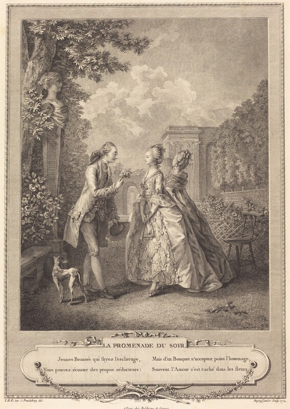 Printed with fine black lines and delicate hatching on off-white paper, a young, clean-shaven man and a young woman stand in a garden as another woman faces away in this vertical etching and engraving. The people whose faces we see have delicate features with large eyes and smiling lips. To our left, the man’s hair is brushed back from his high forehead and curled around his ears. The long hair is tied with an oversized bow or perhaps enclosed within a pouch at the back of his neck, or both. He wears a frilly cravat under a waistcoat and a knee-length coat. His breeches are buckled at the knee over stockings and buckled shoes. A sword hangs from his far hip, and he holds a hat with that hand. He holds up a tiny bouquet of flowers with his other hand as he leans toward the woman. She faces him with her hands clasped down in front of her. Her hair is pulled up and back. She wears a choker tied at the back of her neck and a gown with a tight bodice and flaring, full skirt. Layers of ruffles, presumably lace, cascade down from the elbow-length sleeves of the dress. She stands ramrod straight, but one tiny foot in a heeled shoe is slightly extended toward the man, mirroring his stance. The second woman is just behind her far shoulder. That woman holds a partially open fan and looks up and off into the distance. A thin dog standing behind the man’s feet faces away from us and looks toward the second woman. The garden is planted with flowers behind a trellised pen and trees in a formal row to our right, and a bench nestled into rosebushes to the left. A bust of a woman on a tall, square column rises up against a tree beyond the bench, and a house and gateway are on the far side of the formal garden. The print is engraved to look like a frame encloses the image. The delicate outer edge of the frame alternates inward-facing U shapes with short lines. Under the image is a plaque with fluttering ribbons at the top and garlands of leaves below. The leaves meet where a long torch overlaps a bow with its bowstring undone at the bottom center. On the plaque text reads, “LA PROMENADE DU SOIR. Jenues Beautés qui suyez l’esclavage, Vous pouves écouter des propos séducteurs: Mais d’un Bouquet n’acceptez point l’hommage, Souvent l’Amour s’est cache dans les fleurs.” Text under the printed frame reads “I.H.E. inv. S. Freudeberg del.” to the left, “A Paris chez Buldet rue de Gesvres” at the center, and “Ingouf junior Sculp. 1774.” to the right.