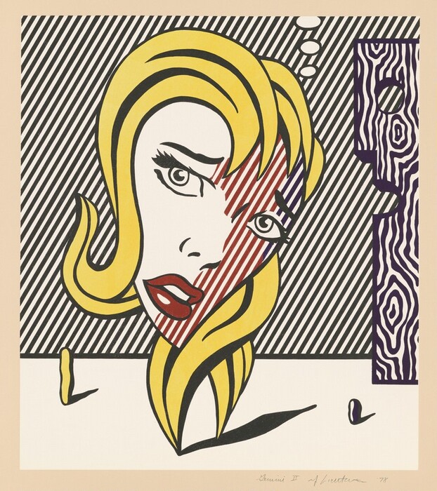 The image shows the head of a woman with stylized facial features in a pop-art style, including red lips, arched eyebrows, and large thoughtful eyes. Her bright yellow hair has curving lines indicating fullness. Thick black diagonal stripes form the background along with thought bubbles above her head. The background has a mix of red and white diagonal lines, creating a dynamic effect. Beside her is a purple and white abstract pattern.