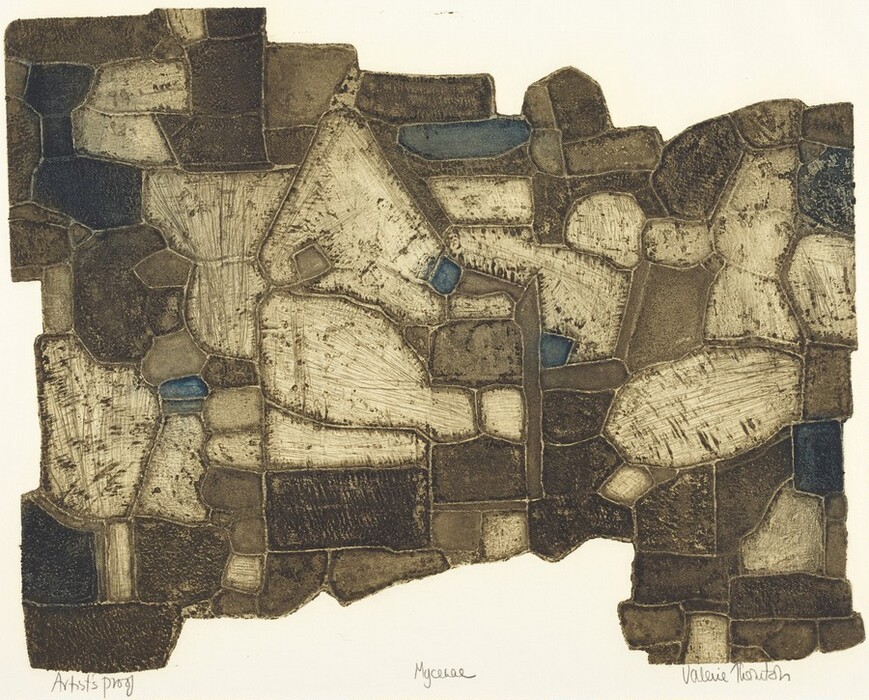 The image displays irregular, interconnected shapes forming a patchwork of polygons and rounded forms on the canvas. The shapes vary in size and are mostly earth-toned with some highlighted by touches of blue, resembling a mosaic or tiled walkway. The complex positioning of forms could remind one of a puzzle or a mosaic path through a landscape, evoking images of cobblestones or stained glass with a muted color palette.